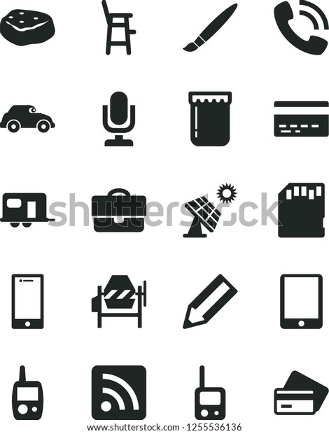 Solid Black Vector Icon Set - tassel vector,\
desktop microphone, bank card, rss feed, toy phone, mobile, a chair\
for feeding child, concrete mixer, smartphone, piece of meat, jam,\
big solar panel