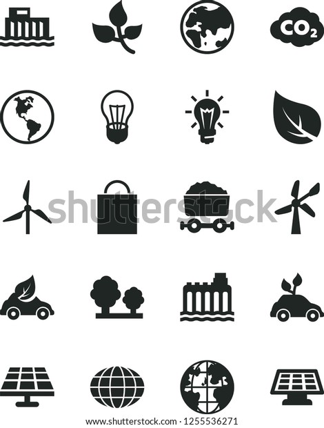 Solid Black Vector Icon Set - paper bag vector,\
solar panel, leaves, leaf, windmill, wind energy, planet, Earth,\
bulb, hydroelectric station, hydroelectricity, trees, eco car,\
carbon dyoxide, globe