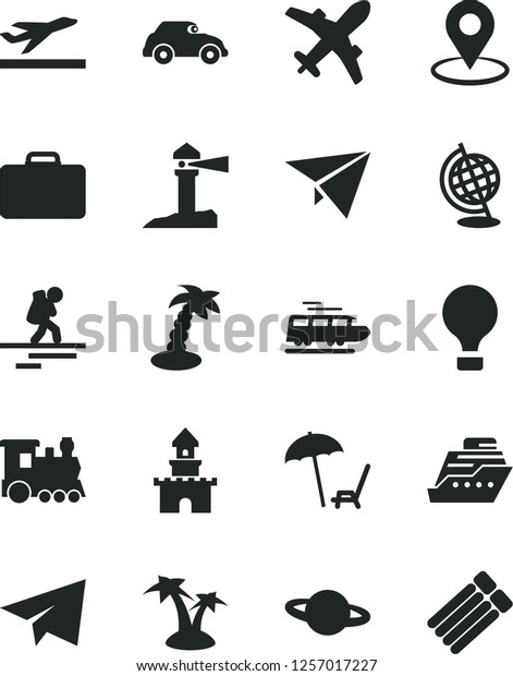 Solid Black Vector Icon Set - paper airplane vector,\
planet, retro car, coastal lighthouse, geolocation, globe, plane,\
sand castle, train, air balloon, backpacker, suitcase, departure,\
palm tree