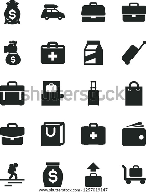 Solid Black\
Vector Icon Set - briefcase vector, first aid kit, medical bag,\
case, suitcase, with handles, package, wallet, money, hand, car\
baggage, backpacker, rolling,\
scanner