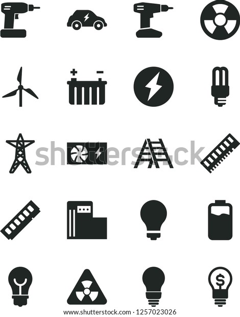 Solid Black Vector Icon Set - matte light bulb\
vector, cordless drill, ladder, charge level, modern gas station,\
windmill, battery, power line, mercury, radiation hazard, electric\
transport, memory