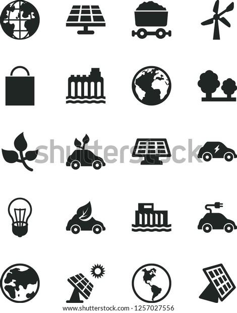 Solid Black Vector Icon Set - sign of the planet\
vector, paper bag, solar panel, big, leaves, wind energy, Earth,\
bulb, hydroelectric station, hydroelectricity, trees, eco car,\
electric, sun