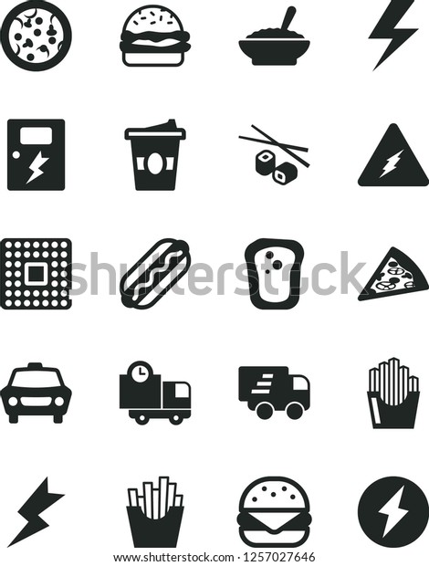 Solid Black Vector Icon Set - lightning\
vector, dangers, car, delivery, pizza, piece of, Hot Dog, big\
burger, a bowl buckwheat porridge, French fries, fried potato\
slices, Chinese\
chopsticks