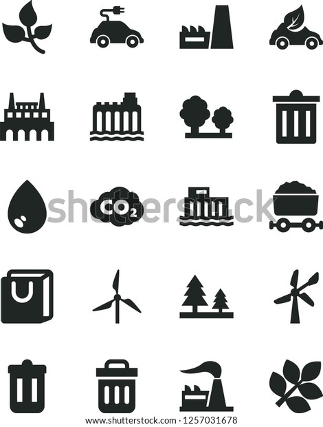 Solid Black Vector Icon Set - bin vector,\
drop, bag with handles, leaves, windmill, wind energy, factory,\
hydroelectric station, hydroelectricity, trees, forest, thermal\
power plant, industrial
