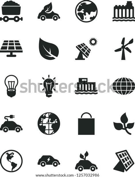 Solid Black Vector Icon Set - paper bag vector,
solar panel, big, leaves, leaf, wind energy, planet, Earth, bulb,
hydroelectric station, hydroelectricity, eco car, environmentally
friendly transport