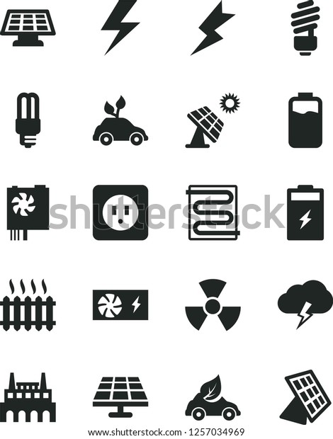 Solid Black Vector Icon Set - lightning vector,
saving light bulb, power socket type b, heating coil, storm cloud,
charge level, charging battery, solar panel, big, industrial
factory, mercury, sun