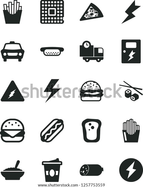 Solid Black Vector Icon Set - lightning vector,\
dangers, car, delivery, sausage, piece of pizza, Hot Dog, mini, big\
burger, a bowl buckwheat porridge, French fries, fried potato\
slices, coffee  to go