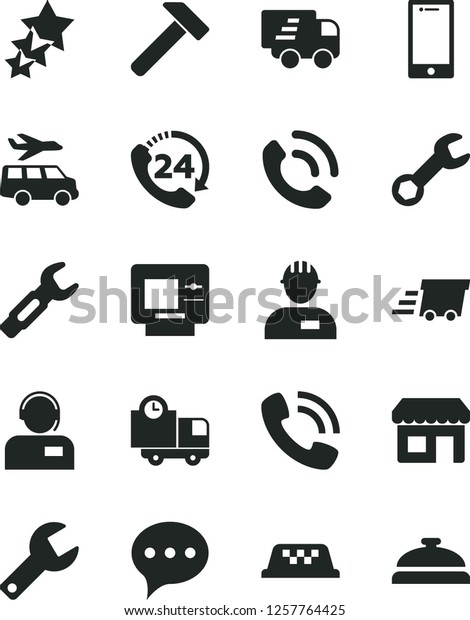 Solid Black Vector Icon Set - repair key vector,\
workman, hammer, speech, smartphone, delivery, 24, phone call,\
operator, steel, kiosk, urgent cargo, Express, three stars, taxi,\
atm, transfer