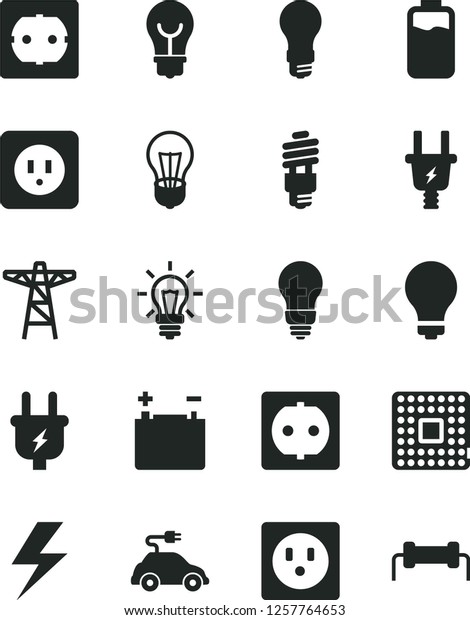 Solid Black\
Vector Icon Set - lightning vector, matte light bulb, power socket\
type b, f, charge level, accumulator, pole, plug, electric, energy\
saving, car, processor,\
resistor