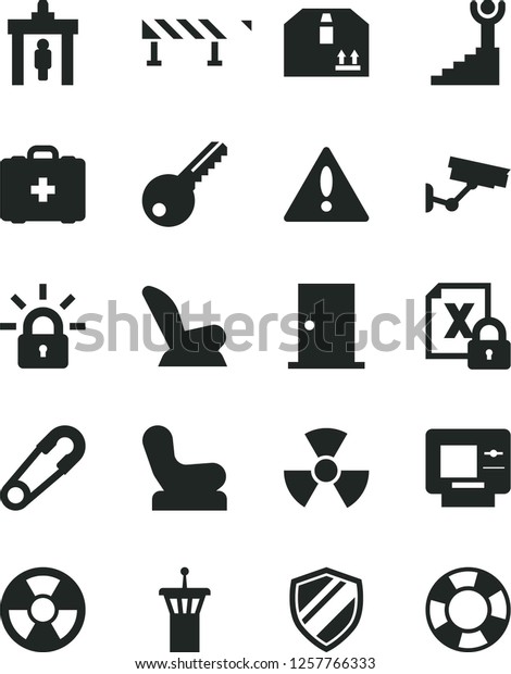 Solid Black Vector Icon Set - warning vector, Baby\
chair, car child seat, safety pin, medical bag, key, ntrance door,\
road fence, cardboard box, radiation hazard, encrypting, nuclear,\
airport tower