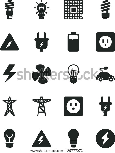 Solid\
Black Vector Icon Set - lightning vector, danger of electricity,\
saving light bulb, power socket type b, fan screw, charge level,\
line, pole, plug, electric, energy, car,\
processor