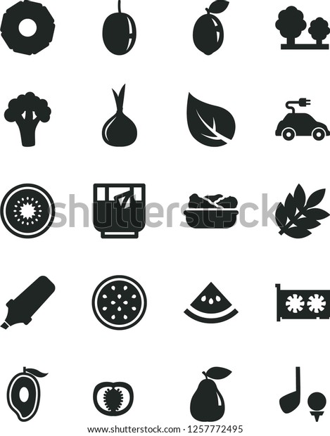 Solid Black Vector Icon Set - lettuce in a plate\
vector, glass of tea, pear, half mango, passion fruit, kiwi, sour\
lime, slice pineapple, water melon, tomato, onion, broccoli, leaf,\
trees, gpu card