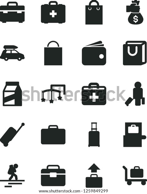 Solid Black Vector Icon Set - paper bag vector,
first aid kit, toys over the cot, medical, portfolio, suitcase,
with handles, package, wallet, money hand, car baggage, backpacker,
passenger, rolling