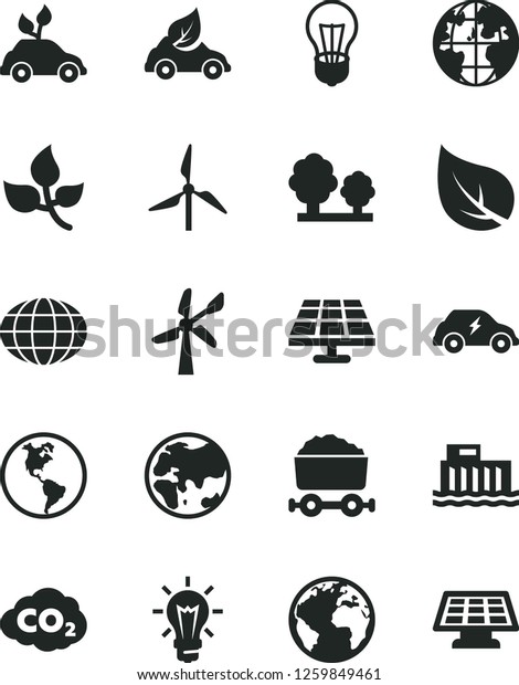 Solid Black Vector Icon Set - sign of the planet\
vector, solar panel, leaves, leaf, windmill, wind energy, Earth,\
bulb, hydroelectric station, trees, eco car, environmentally\
friendly transport, sun
