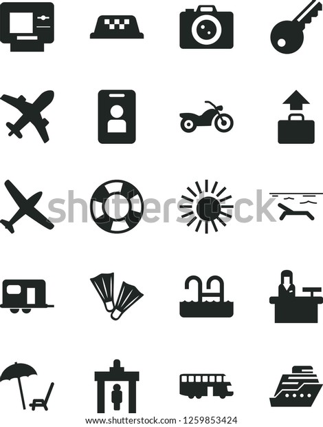 Solid Black Vector Icon Set - plane vector,\
camper, bus, taxi, motorcycle, security gate, baggage, atm, beach,\
arnchair under umbrella, sun, pool, flippers, camera, key, access\
card, receptionist
