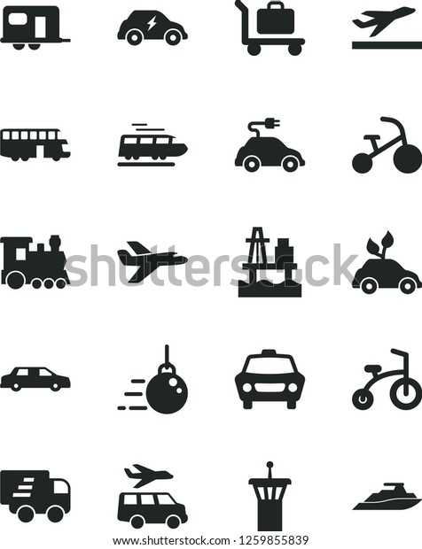Solid Black Vector Icon Set - child bicycle vector,\
tricycle, big core, car, sea port, environmentally friendly\
transport, electric, Express delivery, private plane, limousine,\
train, camper, bus