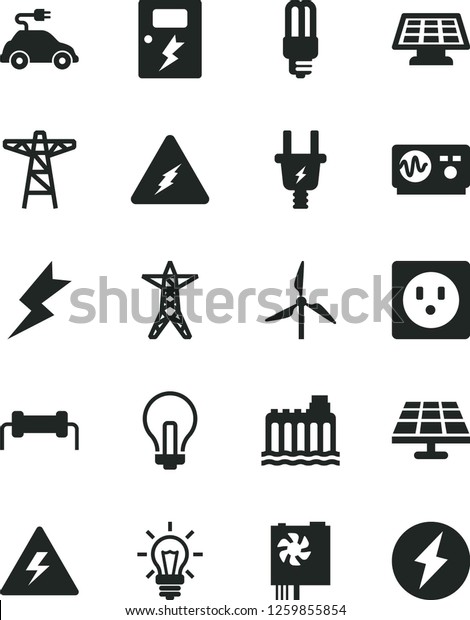 Solid Black Vector Icon Set - danger of
electricity vector, incandescent lamp, lightning, dangers, solar
panel, windmill, hydroelectricity, power line, pole, electric plug,
socket, car, pc supply