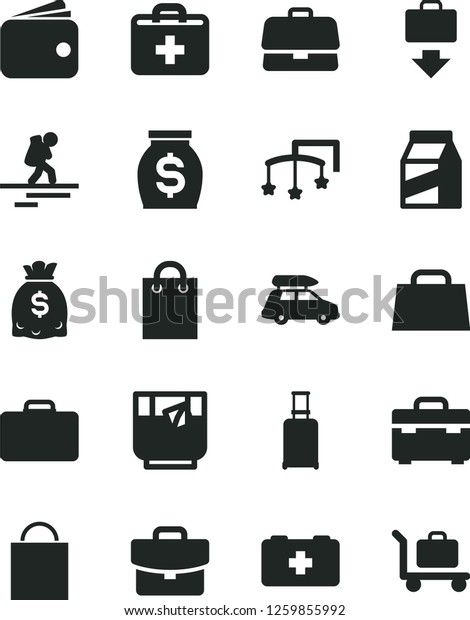 Solid Black Vector Icon Set - paper bag\
vector, first aid kit, toys over the cot, of a paramedic, suitcase,\
package, glass tea, briefcase, wallet, money, dollars, hand, car\
baggage, backpacker