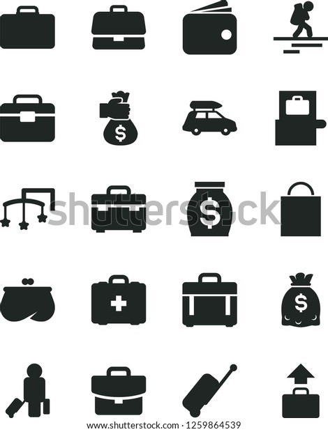 Solid Black Vector Icon Set - paper bag vector,\
toys over the cot, medical, portfolio, suitcase, case, briefcase,\
wallet, purse, money, dollars, hand, car baggage, backpacker,\
passenger, scanner