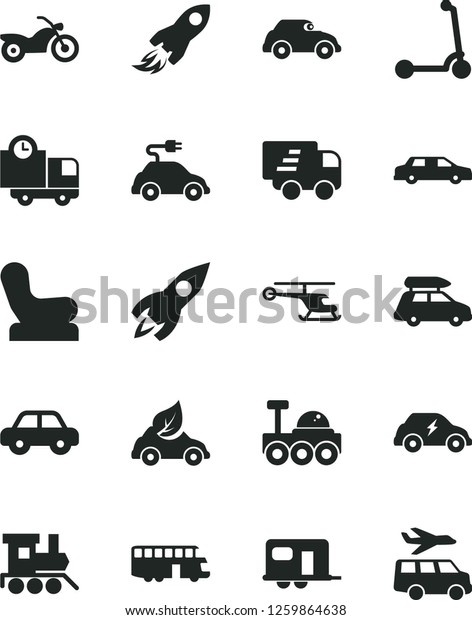 Solid Black Vector Icon Set - Baby chair vector,\
motor vehicle, toy train, child Kick scooter, delivery, eco car,\
electric, transport, retro, rocket, space, Express, lunar rover,\
helicopter, baggage
