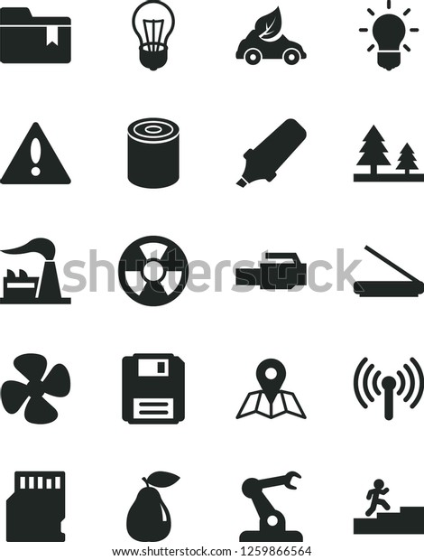 Solid Black Vector Icon Set - warning vector, folder\
bookmark, map, tin, pear, fan screw, factory, bulb, forest,\
radiation hazard, eco car, assembly robot, text highlighter,\
scanner, floppy, sd card