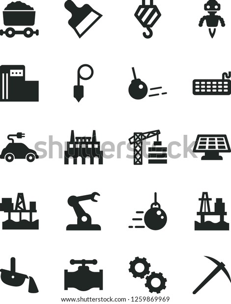 Solid Black Vector Icon Set - tower crane vector,\
hook, big core, plummet, putty knife, sea port, commercial seaport,\
modern gas station, valve, industrial factory, electric car,\
assembly robot
