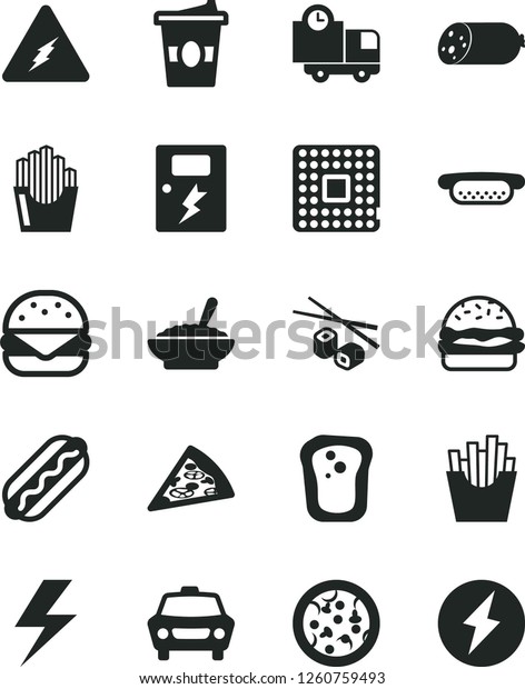 Solid Black Vector Icon Set - lightning vector,\
dangers, car, delivery, sausage, pizza, piece of, Hot Dog, mini,\
big burger, a bowl buckwheat porridge, French fries, fried potato\
slices, coffe to go