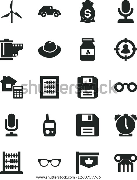 Solid Black Vector Icon Set - desktop microphone\
vector, floppy disk, hat, camera roll, new abacus, toy mobile\
phone, estimate, alarm clock, jar of jam, windmill, retro car,\
vintage sign, glasses