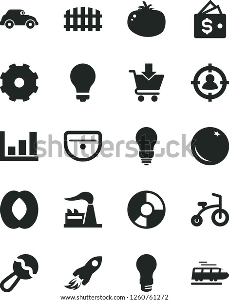 Solid Black Vector Icon Set - truck lorry vector,
matte light bulb, beanbag, child bicycle, sink, fence, put in cart,
tomato, orange, half peach, factory, retro car, man sight, space
rocket, wallet