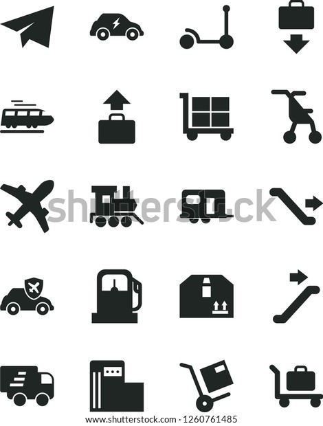 Solid Black Vector Icon Set - cargo trolley vector,
paper airplane, sitting stroller, baby toy train, Kick scooter,
cardboard box, shipment, gas station, modern, electric transport,
autopilot, plane