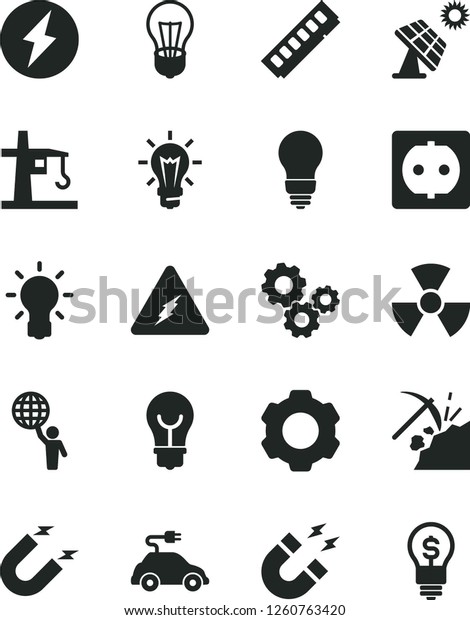 Solid Black Vector Icon Set - bulb vector, big solar\
panel, coal mining, power socket, tower crane, electric car,\
magnet, gears, memory, settings, electricity, nuclear, man hold\
world, idea