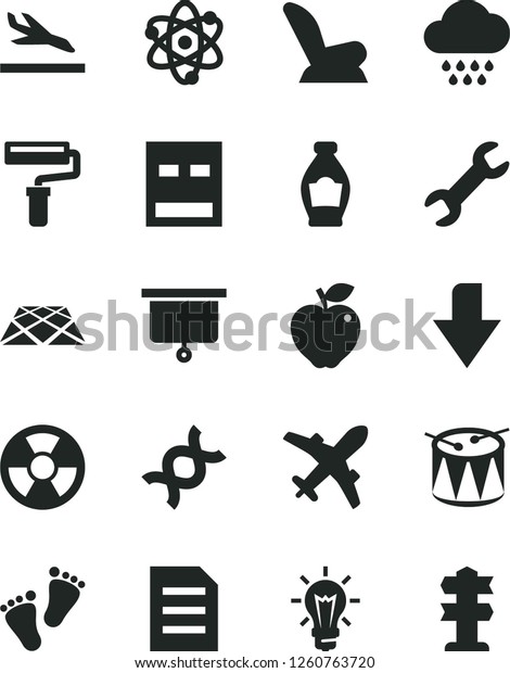 Solid Black Vector Icon Set - paint roller vector,\
downward direction, car child seat, cloud, footprints, drum,\
pavement, bottle, red apple, radiation hazard, bulb, usb, repair,\
file, atom, dna