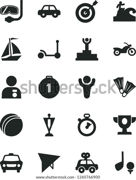 Solid Black Vector Icon Set - bath ball vector,\
motor vehicle, present, Kick scooter, car, stopwatch, winner,\
podium, prize, man with medal, pennant, target, first place, sail\
boat, hang glider