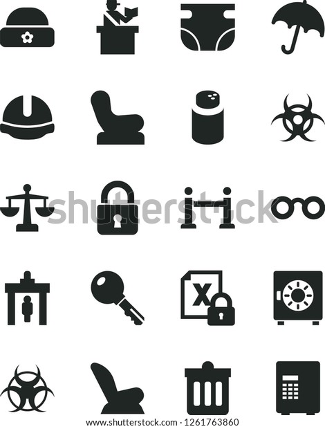 Solid Black Vector Icon Set - scales vector, nappy,\
powder, Baby chair, car child seat, warm hat, construction helmet,\
dust bin, lock, key, umbrella, strongbox, encrypting, glasses,\
biohazard, safe