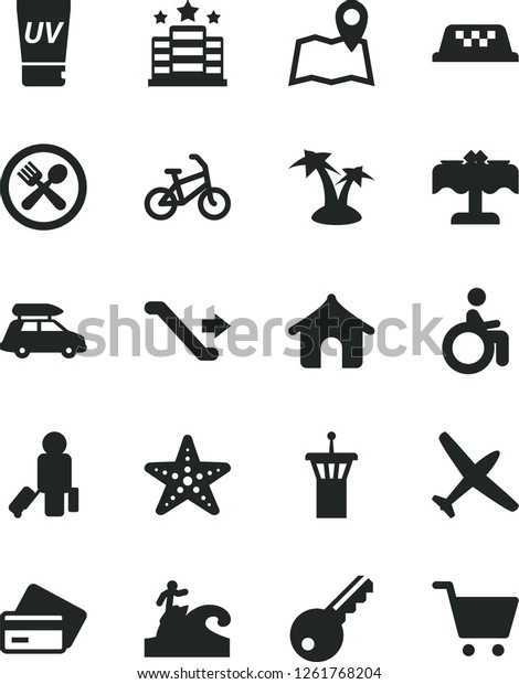 Solid Black Vector Icon Set - plane vector, car\
baggage, taxi, bike, airport tower, escalator, passenger, credit\
card, boungalow, uv cream, palm tree, cafe, restaurant, starfish,\
surfing, hotel, map