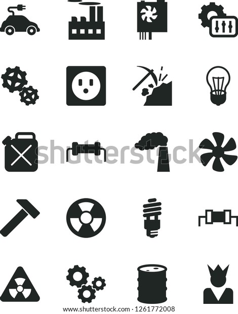 Solid Black Vector Icon Set - hammer vector, marine\
propeller, coal mining, manufacture, barrel, bulb, socket,\
industrial building, gears, canister, energy saving, radiation\
hazard, electric car