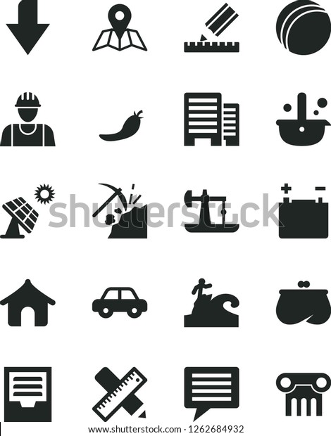 Solid Black Vector Icon Set - image of thought\
vector, downward direction, archive, bath ball, motor vehicle,\
builder, buildings, writing accessories, drawing, map, red pepper,\
big solar panel