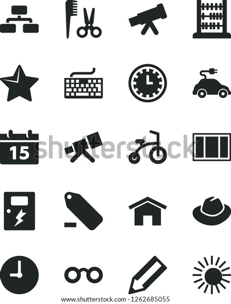 Solid Black Vector Icon Set - clock face vector,\
keyboard, hat, remove label, accessories for a hairstyle, child\
bicycle, abacus, window frame, dangers, home, wall, calendar, star,\
flowchart, pencil