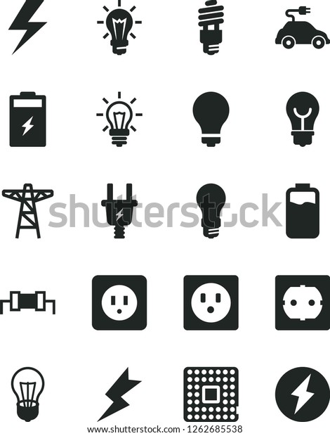 Solid Black Vector Icon Set - lightning\
vector, matte light bulb, power socket type b, f, charge level,\
charging battery, pole, electric plug, energy saving, car,\
processor, resistor,\
electricity