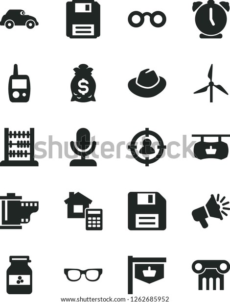 Solid Black Vector Icon Set - floppy disk\
vector, hat, camera roll, toy mobile phone, abacus, estimate, alarm\
clock, jar of jam, windmill, retro car, vintage sign, antique\
advertising signboard