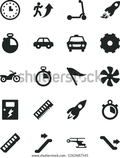 Solid Black Vector Icon Set - truck lorry vector,\
stopwatch, wind direction indicator, motor vehicle, child Kick\
scooter, dangers, timer, car, marine propeller, rocket, space, wall\
watch, memory