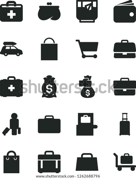 Solid
Black Vector Icon Set - briefcase vector, paper bag, first aid kit,
medical, case, a glass of tea, cart, wallet, purse, hand, money,
car baggage, passenger, suitcase, rolling,
scanner