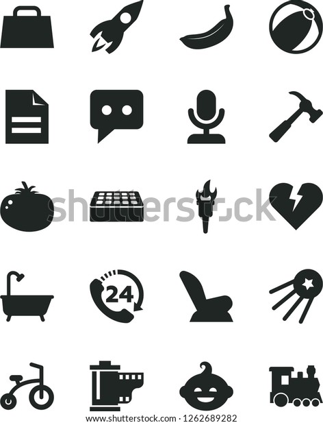 Solid Black Vector Icon Set - scribbled paper vector,\
camera roll, car child seat, baby bath ball, funny hairdo, bicycle,\
brick, hammer with claw, broken heart, 24, tomato, banana, rocket,\
hand bag
