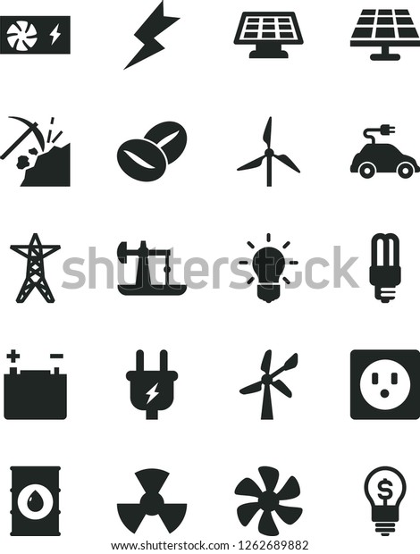 Solid Black Vector Icon Set - lightning vector,\
coffee beans, marine propeller, solar panel, oil derrick, coal\
mining, windmill, wind energy, accumulator, power line, plug,\
socket, radiation, sun