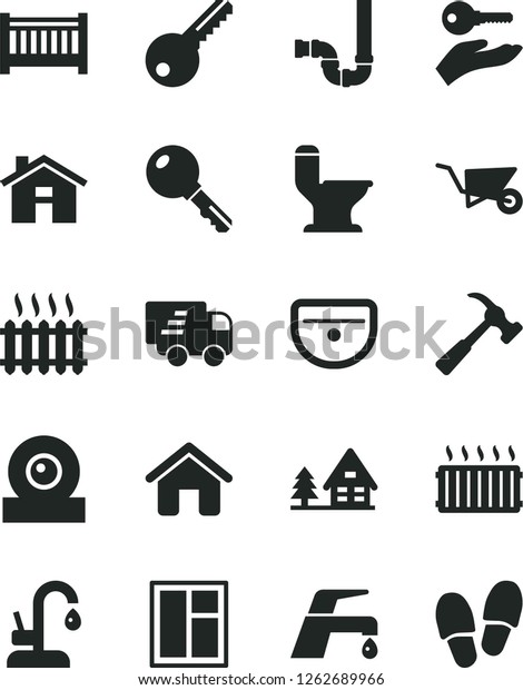 Solid Black Vector Icon Set - house vector, baby cot,\
building trolley, window, sink, comfortable toilet, siphon, key,\
faucet mixer, kitchen, hammer with claw, cast iron radiator,\
aluminum, arm