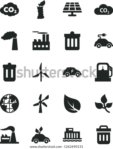 Solid Black Vector Icon Set - dust bin vector, apple
stub, solar panel, leaves, leaf, gas station, windmill, wind
energy, manufacture, factory, hydroelectric, industrial building,
electric car, CO2