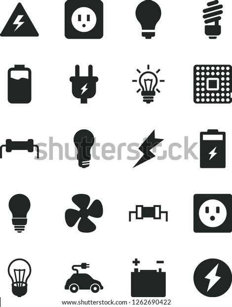 Solid Black Vector Icon Set - danger of electricity\
vector, matte light bulb, saving, power socket type b, lightning,\
fan screw, charge level, charging battery, accumulator, plug,\
electric car