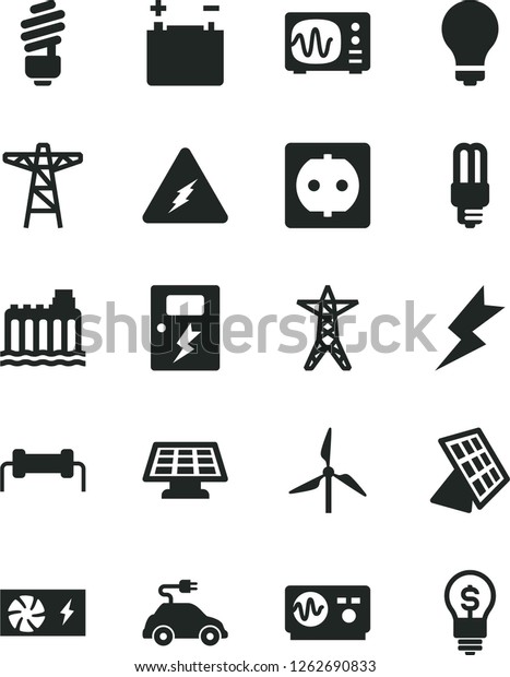 Solid Black Vector Icon Set - matte light\
bulb vector, saving, lightning, dangers, windmill, accumulator,\
hydroelectricity, power line, pole, socket, mercury, electric car,\
pc supply, electricity