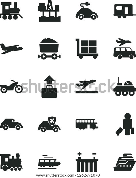 Solid Black Vector Icon Set - cargo trolley\
vector, baby toy train, commercial seaport, battery, electric car,\
retro, autopilot, with coal, lunar rover, plane, camper, bus,\
motorcycle, passenger