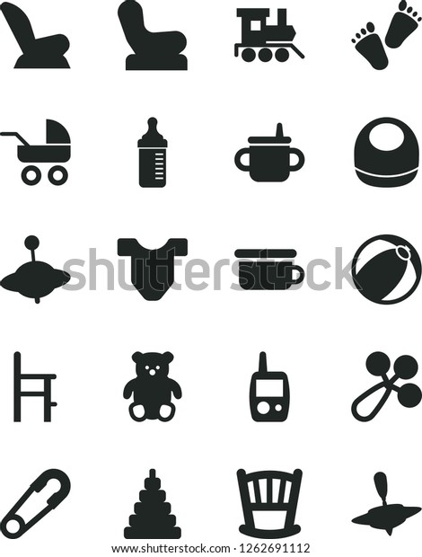 Solid Black Vector Icon Set - cradle vector, mug for\
feeding, measuring bottle, baby bib, Child T shirt, rattle, chair,\
car seat, carriage, safety pin, bath ball, stacking toy, mobile\
phone, a, yule